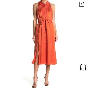 Cinq a Sept orange sleeveless midi dress with tie waist, collar, slit, & buttons